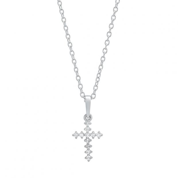 0.10 Carat (cttw) Round White Diamond Ladies Cross Pendant 1/10 CT 18K White Gold