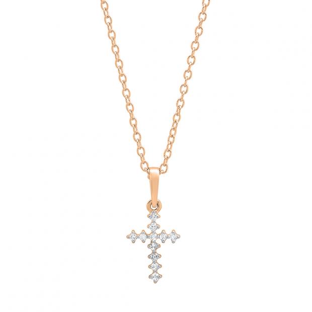 0.10 Carat (cttw) Round White Diamond Ladies Cross Pendant 1/10 CT 18K Rose Gold