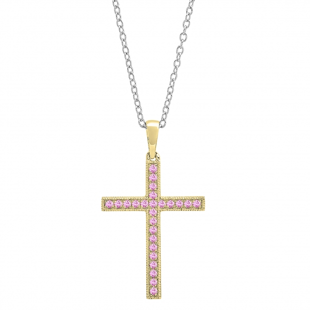 2.5 mm Round Pink Sapphire Ladies Religious Cross Pendant 10K Yellow Gold