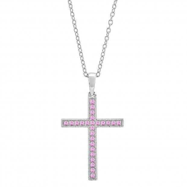 2.5 mm Round Pink Sapphire Ladies Religious Cross Pendant 14K White Gold