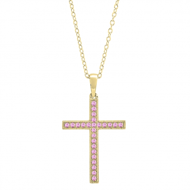2.5 mm Round Pink Sapphire Ladies Religious Cross Pendant 10K Yellow Gold