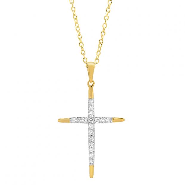 0.30 Carat (cttw) 10K Yellow Gold Round White Diamond Ladies Cross Pendant 1/3 CT (Gold Chain Included)