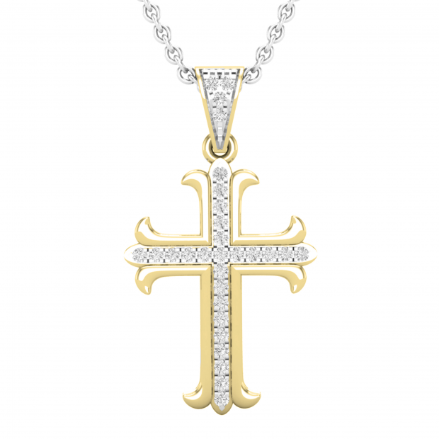 0.10 Carat (ctw) Round White Diamond Ladies Cross Pendant 1/10 CT 18K Yellow Gold