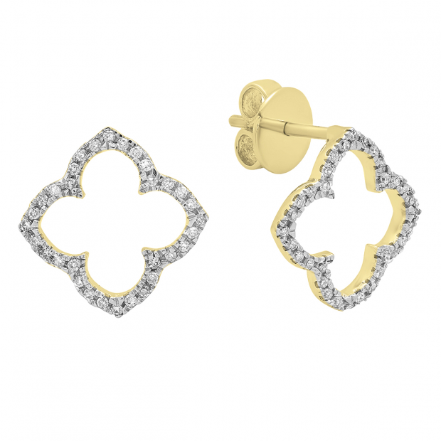 0.10 Carat (ctw) Round White Diamond Ladies Clover Shaped Stud Earrings 1/10 CT 18K Yellow Gold