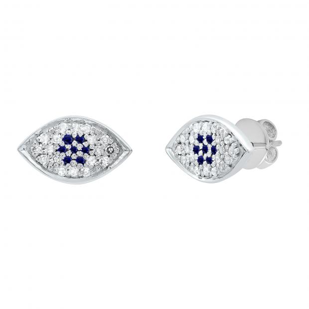 Round Blue Sapphire & White Diamond Ladies Eye Stud Earrings 10K White Gold