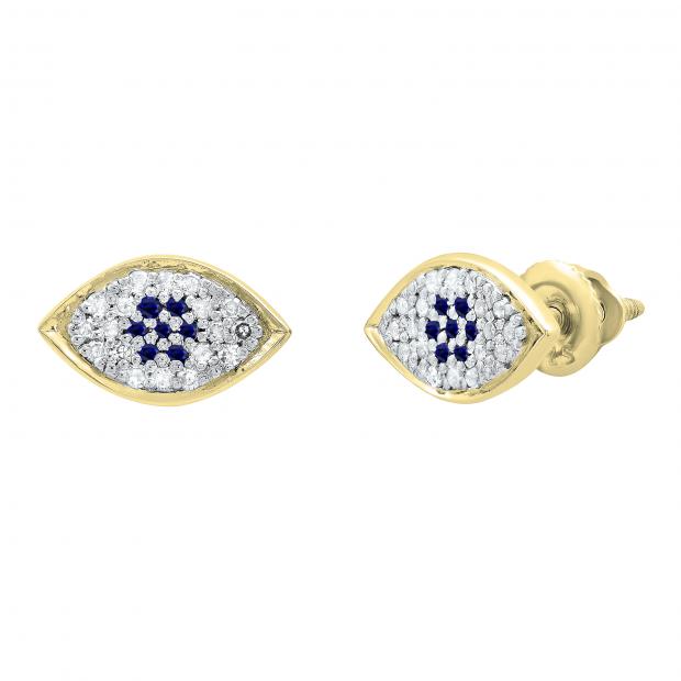 Round Blue Sapphire & White Diamond Ladies Eye Stud Earrings 14K Yellow Gold