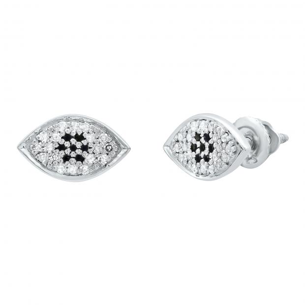 Round Blue Sapphire & White Diamond Ladies Eye Stud Earrings Sterling Silver