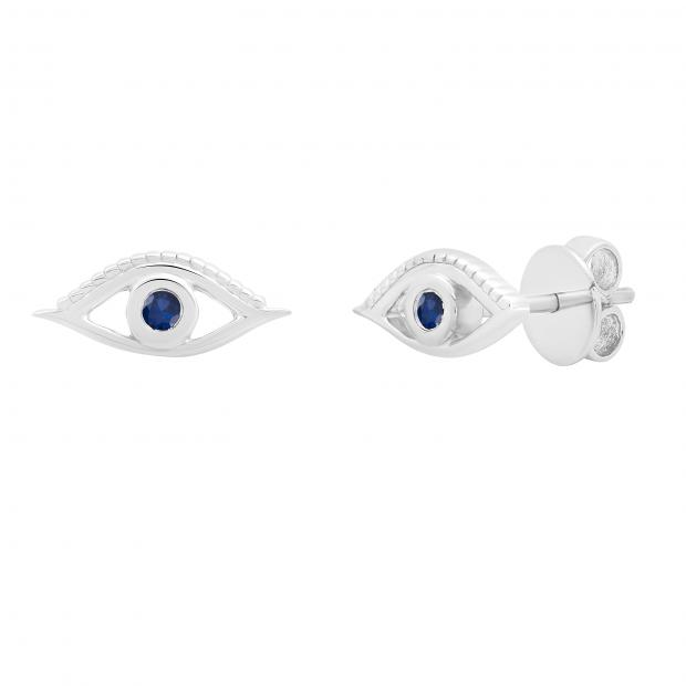 Round Blue Sapphire Evil Eye Solitaire Stud Earrings Sterling Silver