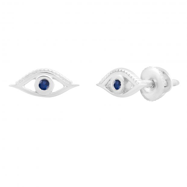 Round Blue Sapphire Evil Eye Solitaire Stud Earrings Sterling Silver