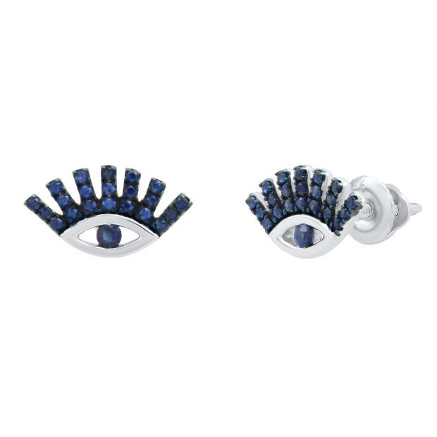 Round Blue Sapphire Ladies Eye Lashes Evil Stud Earrings, Sterling Silver