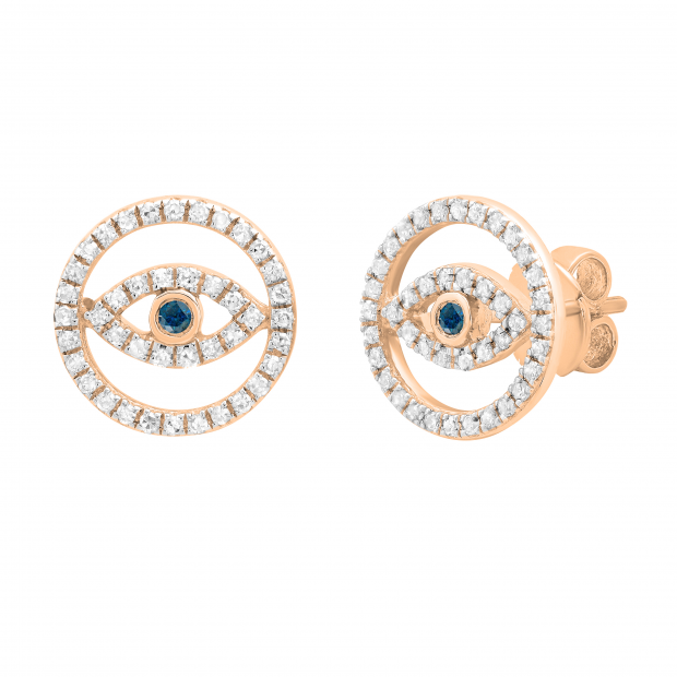 0.20 Carat (ctw) Round Blue & White Diamond Ladies Evil Eye Stud Earrings 1/5 CT 18K Rose Gold