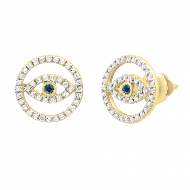 0.20 Carat (ctw) Round Blue & White Diamond Ladies Evil Eye Stud Earrings 1/5 CT 18K Yellow Gold