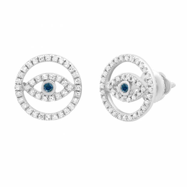 0.20 Carat (ctw) Round Blue & White Diamond Ladies Evil Eye Stud Earrings 1/5 CT Sterling Silver