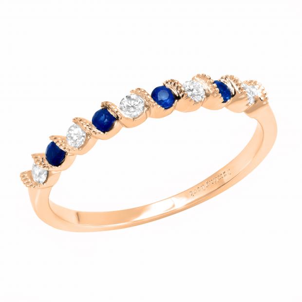 Round Blue Sapphire & White Diamond Ladies Bridal Anniversary Wedding Band 10K Rose Gold