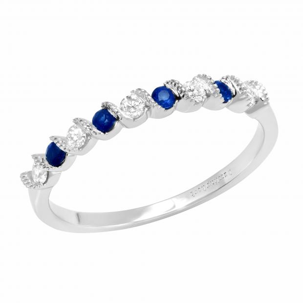 Round Blue Sapphire & White Diamond Ladies Bridal Anniversary Wedding Band 10K White Gold