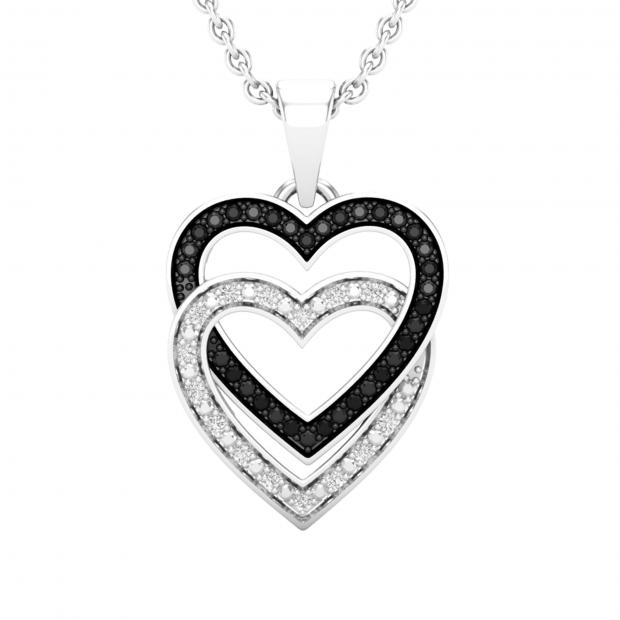 0.10 Carat (ctw) Round Black & White Diamond Ladies Double Heart Pendant 1/10 CT 10K White Gold