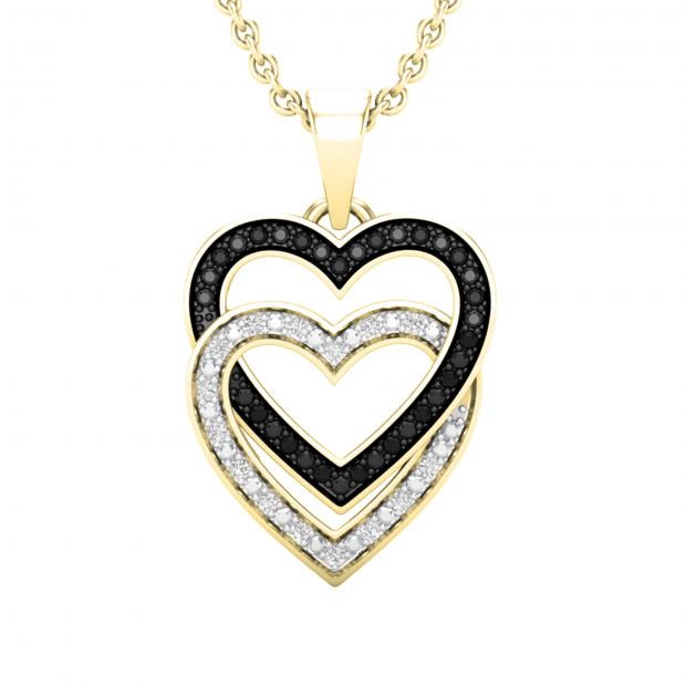 0.10 Carat (ctw) Round Black & White Diamond Ladies Double Heart Pendant 1/10 CT 14K Yellow Gold
