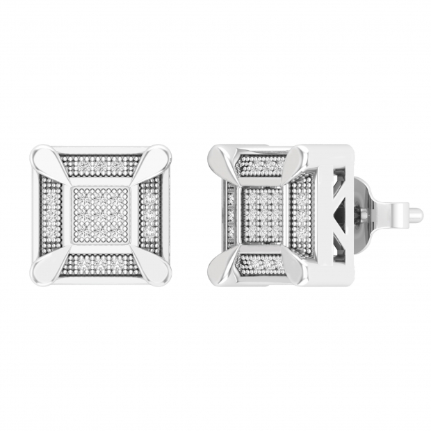 0.14 Carat (ctw) Round White Diamond Mens Square Cluster Stud Earrings Sterling Silver
