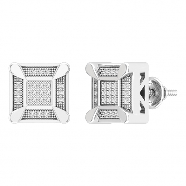 0.14 Carat (ctw) Round White Diamond Mens Square Cluster Stud Earrings Sterling Silver