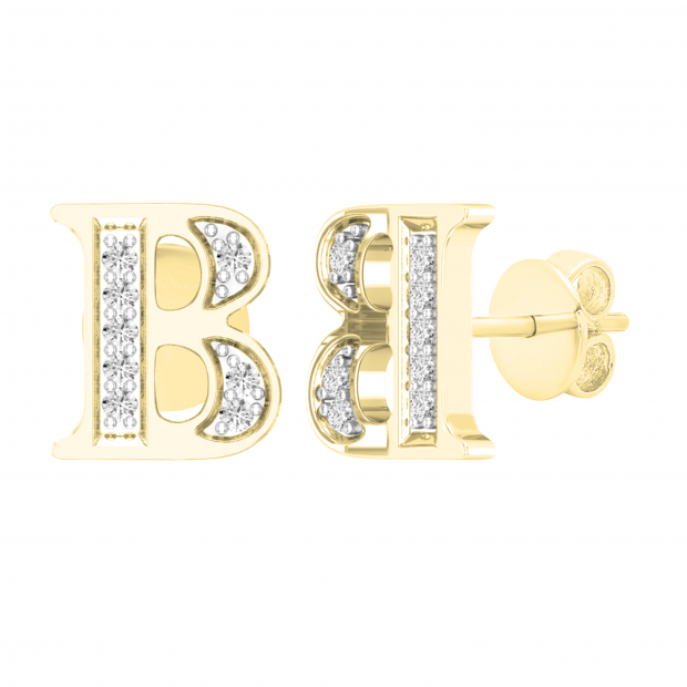 0.05 Carat (ctw) Round White Diamond Fancy Letter B Stud Earring 10K Yellow Gold