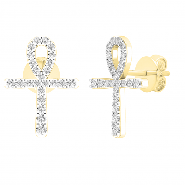 0.25 Carat (ctw) Round White Diamond Ladies Ankh Cross Stud Earrings 1/4 CT 14K Yellow Gold