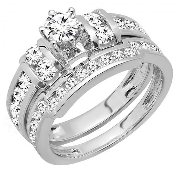 2.28 Carat (ctw) Round White Diamond Ladies Bridal Engagement Ring Set 10K White Gold