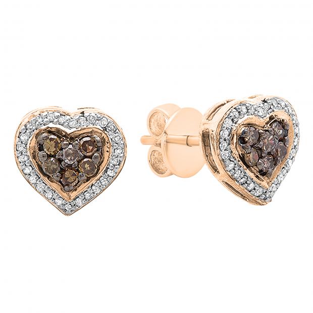 0.30 Carat (ctw) Round White & Champagne Diamond Ladies Cluster Heart Stud Earrings 1/3 CT 10K Rose Gold