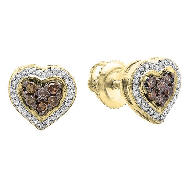 0.30 Carat (ctw) Round White & Champagne Diamond Ladies Cluster Heart Stud Earrings 1/3 CT 18K Yellow Gold