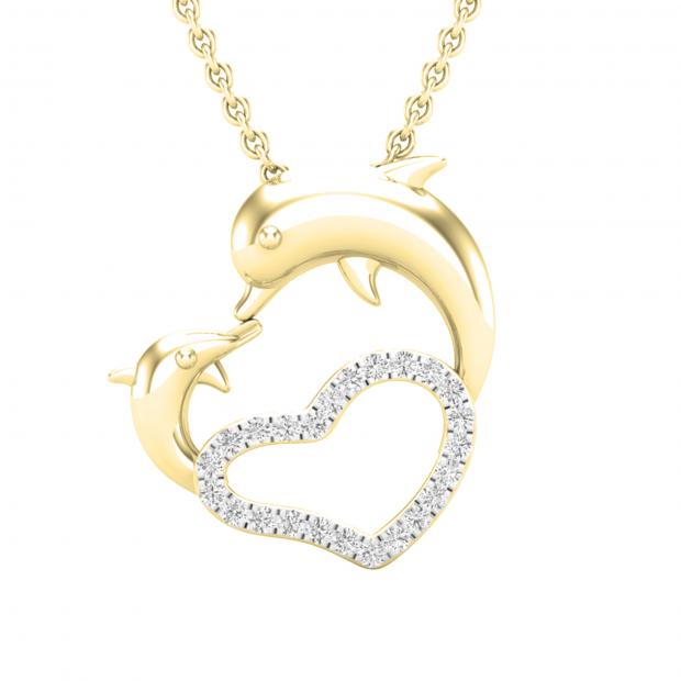 0.15 Carat (ctw) Round Diamond Ladies Dolphin Heart Pendant (Gold Chain Included) 14K Yellow Gold