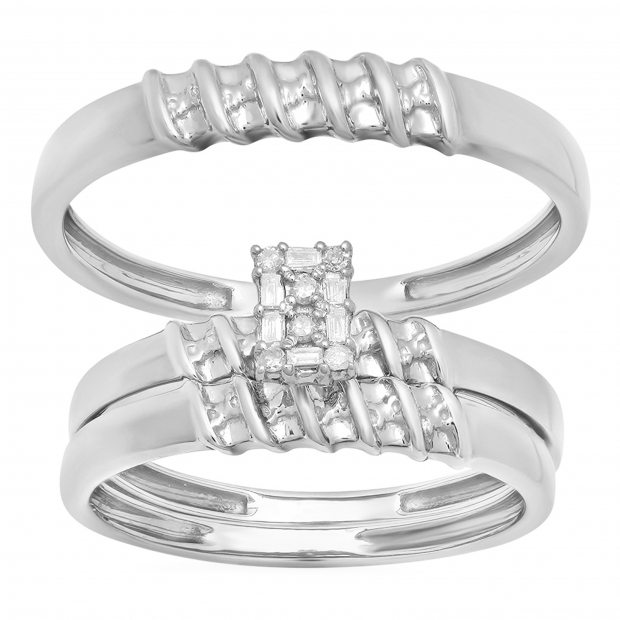 Round & Baguette Diamond Rectangle Frame Matching Wedding Trio Ring Set for Him & Her (0.10 ctw, Color I-J, Clarity I2-I3) in 10K White Gold