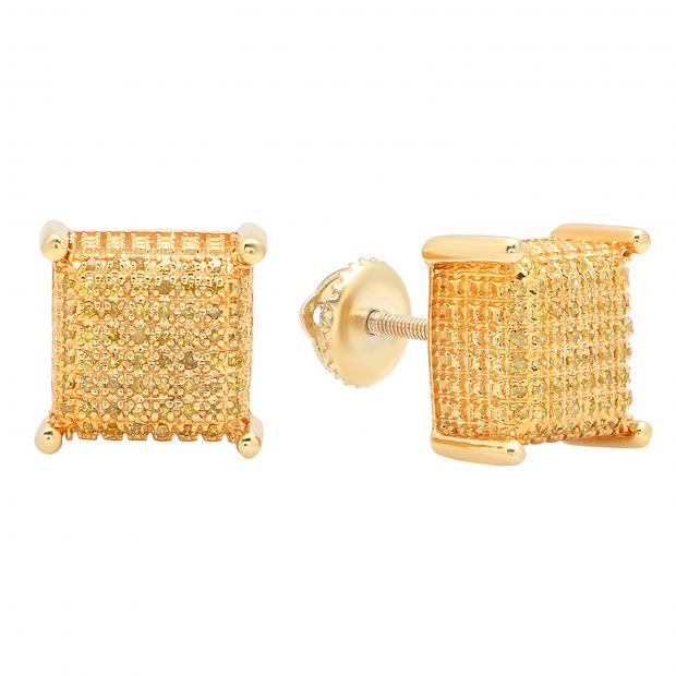 0.25 Carat (ctw) Round Yellow Diamond Dice Shape Mens Stud Earrings 1/4 CT Yellow Gold Plated Silver