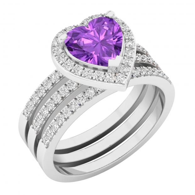 7 MM Heart Amethyst & Round White Diamond Ladies Engagement Ring Double Band Set 18K White Gold