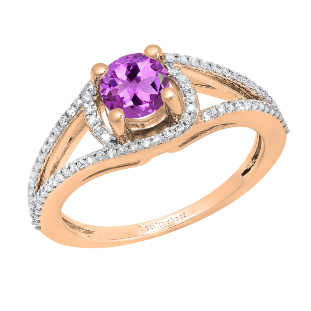 5.6 MM Round Amethyst & White Diamond Ladies Bridal Split Shank Engagement Ring, 10K Rose Gold