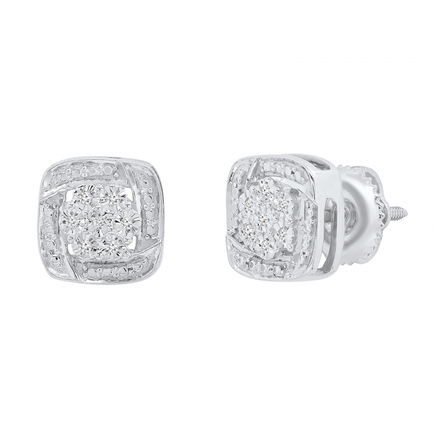 0.05 Carat (ctw) Round White Diamond Ladies Cushion Frame Knot Stud Earrings Sterling Silver