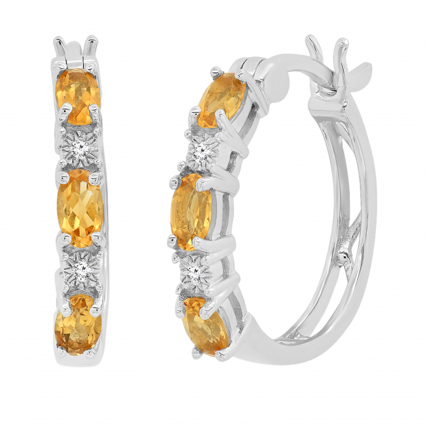 5X3 MM Each Oval Citrine & Round White Diamond Ladies Hoop Earrings, Sterling Silver