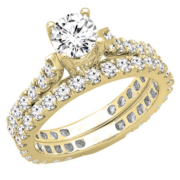 2.40 Carat (ctw) Round White Diamond Ladies Eternity Engagement Bridal Ring Set 18K Yellow Gold