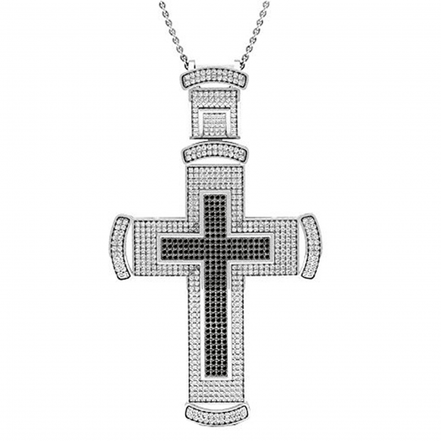 1.38 Carat (ctw) Round Black & White Diamond Mens Hip Hop Religious Cross Pendant Sterling Silver