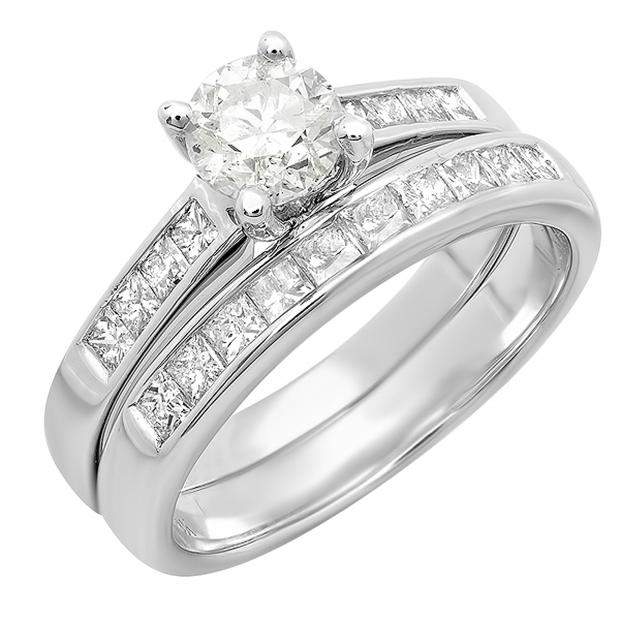 1.35 Carat (ctw) Princess & Round White Diamond Ladies Engagement Ring Set 10K White Gold