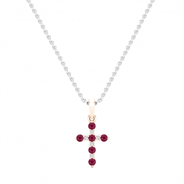 Round Ruby & White Diamond Ladies Cross Pendant (Silver Chain Included), 10K Rose Gold