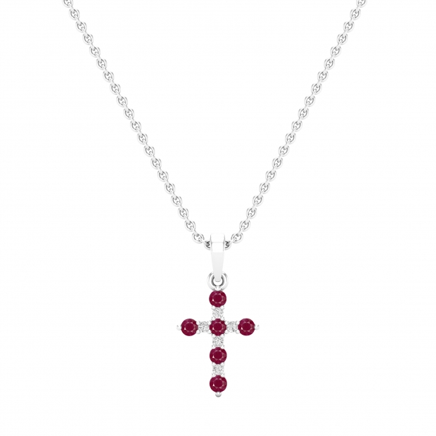 Round Ruby & White Diamond Ladies Cross Pendant (Gold Chain Included), 10K White Gold