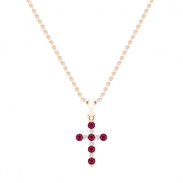 Round Ruby & White Diamond Ladies Cross Pendant (Gold Chain Included), 18K Rose Gold