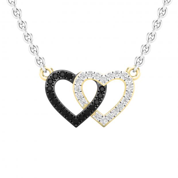 0.10 Carat (ctw) Round Black & White Diamond Ladies Double Heart Pendat 1/10 CT 14K Yellow Gold