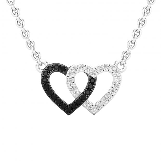 0.10 Carat (ctw) Round Black & White Diamond Ladies Double Heart Pendat 1/10 CT 18K White Gold