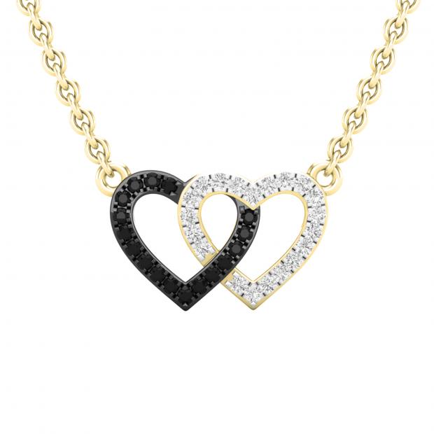 0.10 Carat (ctw) Round Black & White Diamond Ladies Double Heart Pendat 1/10 CT 18K Yellow Gold