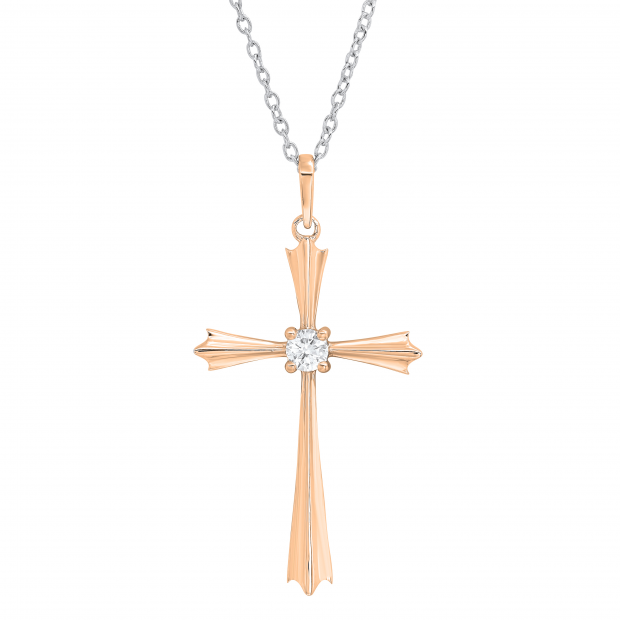 0.15 Carat (ctw) Round White Diamond Ladies Solitaire Flared Arms Cross Pendant 10K Rose Gold