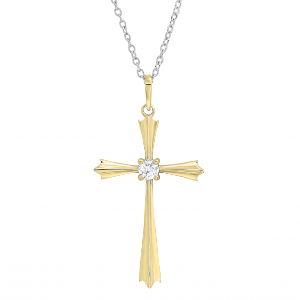 0.15 Carat (ctw) Round White Diamond Ladies Solitaire Flared Arms Cross Pendant 10K Yellow Gold