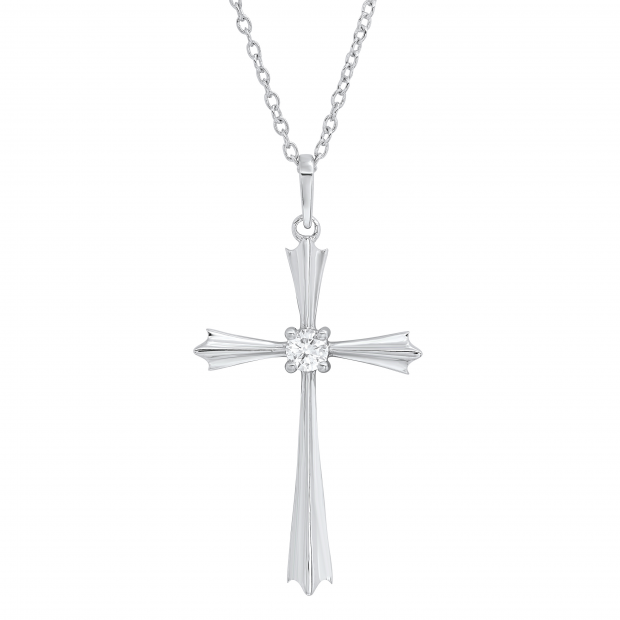 0.15 Carat (ctw) Round White Diamond Ladies Solitaire Flared Arms Cross Pendant 14K White Gold