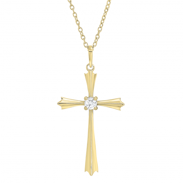 0.15 Carat (ctw) Round White Diamond Ladies Solitaire Flared Arms Cross Pendant 14K Yellow Gold
