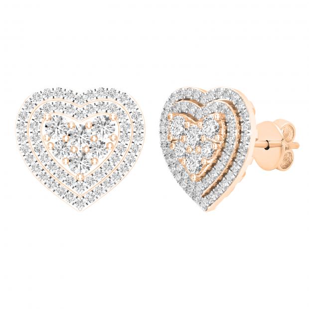 1.10 Carat (ctw) Round Diamond Ladies Cluster Double Heart frame Stud Earrings 1 CT 18K Rose Gold