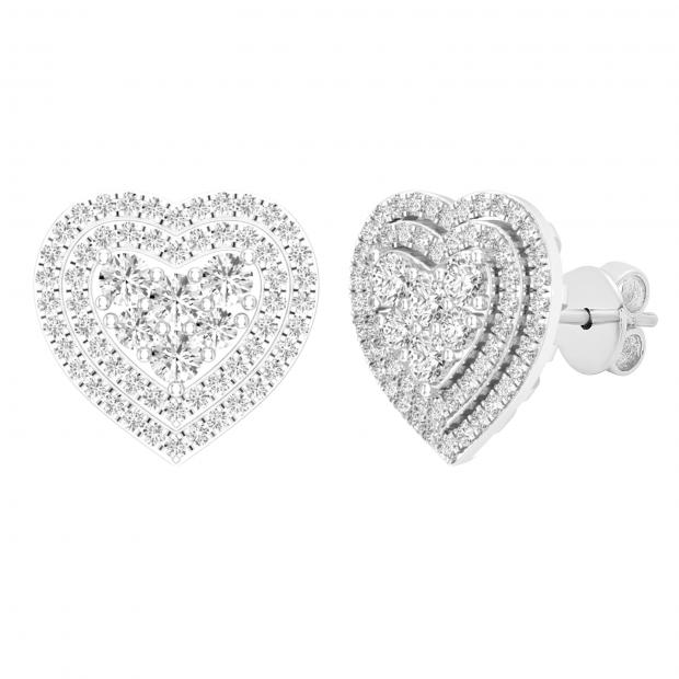 1.10 Carat (ctw) Round Diamond Ladies Cluster Double Heart frame Stud Earrings 1 CT Sterling Silver